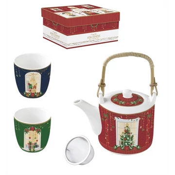 Porcelán teáskanna 600ml, fémszűrővel, 2 porcelánpohárral 160ml, dobozban, Festive Avenue, Atmosphere, R2S.1467FEAV