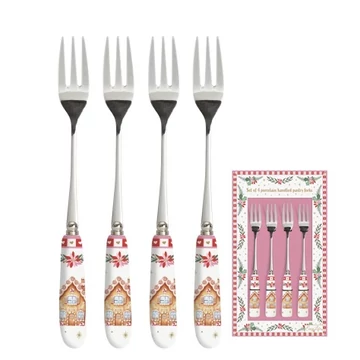 Rozsdamentes süteményes villaszett 4 db-os, porcelánnyéllel, Sweet Christmas, R2S.969SWEC