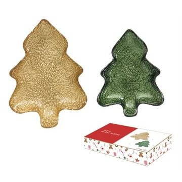 Fenyőfa üvegtál 2 db-os szett, arany-zöld, 20x13/16x11cm, dobozban, Christmas Twist, R2S.1417CTGG Fenyőfa üvegtál 2 db-os szett, arany-zöld, 20x13/16x11cm, dobozban, Christmas Twist, R2S.1417CTGG