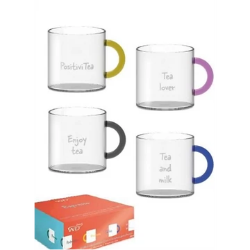 Borosilicate hőálló üveg teásbögreszett  4 db-os, színes füllel, 250ml					, WD.597