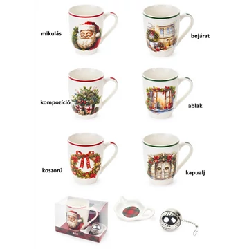 Porcelánbögre teatojással skótkockás dobozban, 350ml, Christmas is coming, kapualj, N.S.BGQ251902F