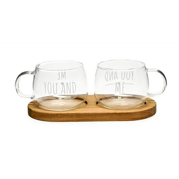 Borosilicate üveg csészeszett 300ml,  bambusztálcán 9,5x7,5cm, You and Me, N.S.ZHH250628