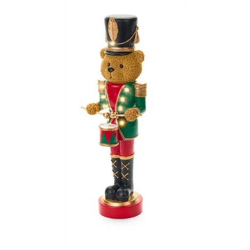 Diótörő mackó dobbal, 15x13x46cm, műanyag dekorfigura LED-es, N.S.SIL251801