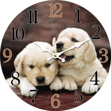 Óra 2 kiskutyával, 34cm, fa, DAK.HLC6082