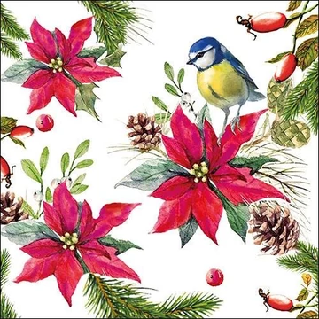 Bird on Poinsettia white papírszalvéta 33x33cm, 20db-os, AMB.33314640