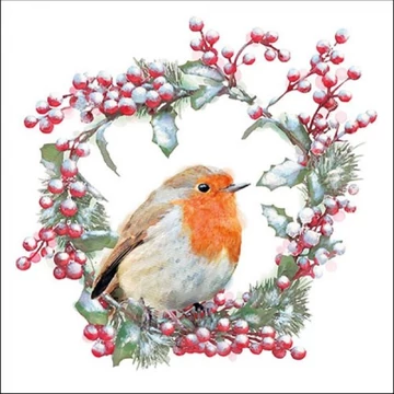 Robin In Wreath papírszalvéta 33x33cm, 20db-os, AMB.33315535