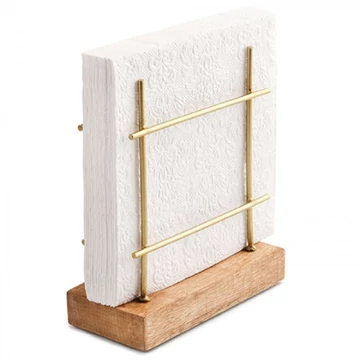 Fém szalvétatartó fa aljjal,álló szögletes, arany, AMB.19402447