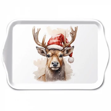 Deer with Santa hat white műanyag kistálca 13x21cm, AMB.33720280