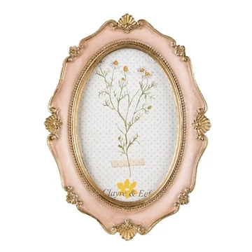 Ovál képkeret rózsaszín, arany színű díszítéssel, 15x2x20/10x15cm, műanyag, CLEEF.2F0994