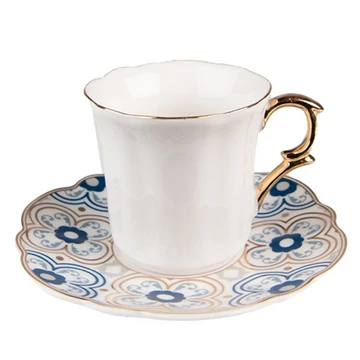 Porcelán kávéscsésze+alj 95ml, fehér-kék-arany, CLEEF.6CEKS0005
