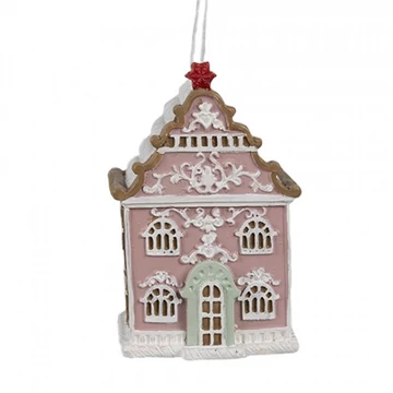 Rózsaszín mézeskalács házikó 6x4x9cm, műanyag függődísz, CLEEF.6PR4215