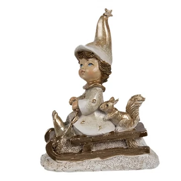 Kisfiú mókussal szánon, 8x4x10cm, műanyag dekorfigura, CLEEF.6PR4232
