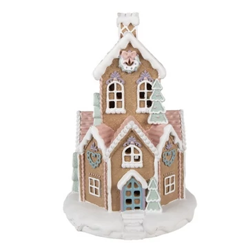 Barna mézeskalács ház LED-es, 21x33cm, műanyag dekorfigura, CLEEF.6PR4307