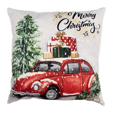 Textil párnahuzat 45x45cm, polyester, piros autó csomagokkal, CLEEF.KT021.374