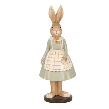 Zöld ruhás kötényes nyuszinéni, 9x7x22cm, műanyag dekorfigura, CLEEF.6PR5128