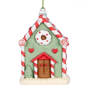 Zöld mézeskalács házikó 6x4x8cm, műanyag dekorfigura függődísz, CLEEF.6PR5324