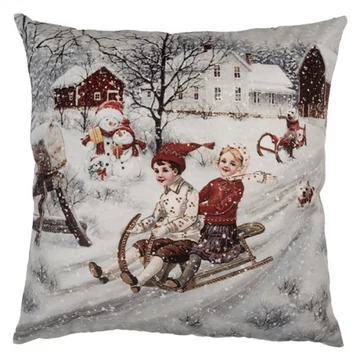 Textil párnahuzat 45x45cm, 100% polyester, téli táj szánkózókkal, CLEEF.KT021.410