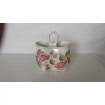 Domború mintás dupla fakanáltartó,virágos bordó,kerámia,kézzel festett-17x9,5x20cm, V.K.30-13