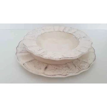 Domború mintás mélytányér,virágos natúr,kerámia, kézzel festett-dia.24x5cm, V.K.31-24