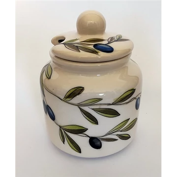 Violin olajbogyós méztartó, nagy,0,75l, fa csurgatóval, kerámia, kézzel festett, V.K.36-30-02 Violin olajbogyós méztartó, nagy,0,75l, fa csurgatóval, kerámia, kézzel festett, V.K.36-30-02