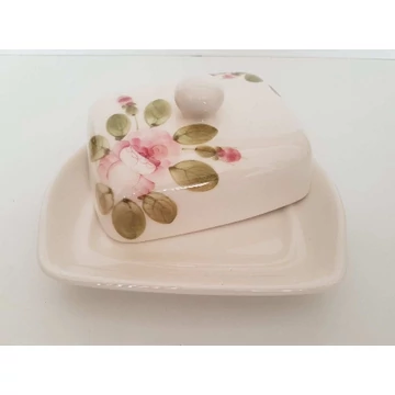 Romantik rózsás vajtartó,kerámia,kézzel festett-fodros:22x15x9cm,sima:19x14,5x9cm, V.K.44-35