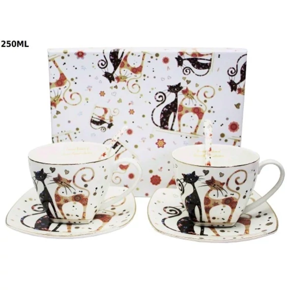 Porceláncsésze+alj kanállal,2 személyes,250ml,fekete-barna virágos cicás, P.P.W20CT160-08908