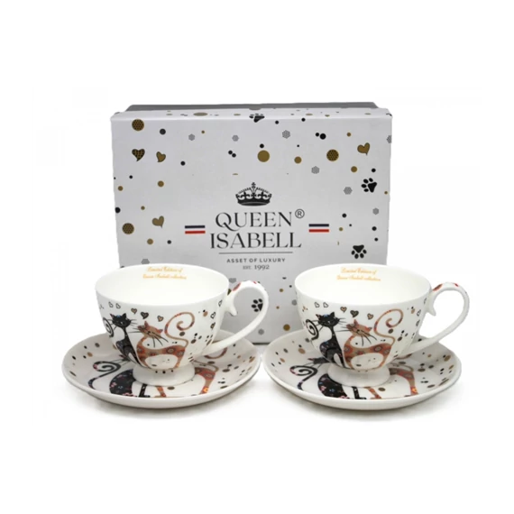 Porceláncsésze+alj,2 személyes,250ml,fekete-barna virágos cica, P.P.W20CT156-25257