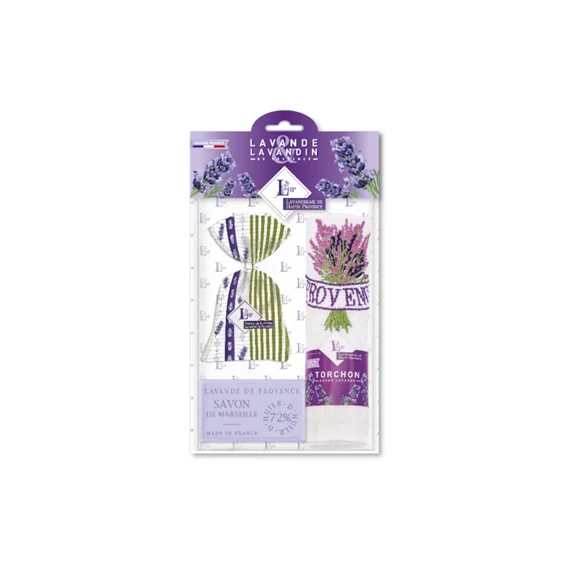 Levendulával töltött Provence zsák 18g+levendulaszappan 100g+hímzett kéztörlő 40x60cm, pamut, LAV.LHP7CP