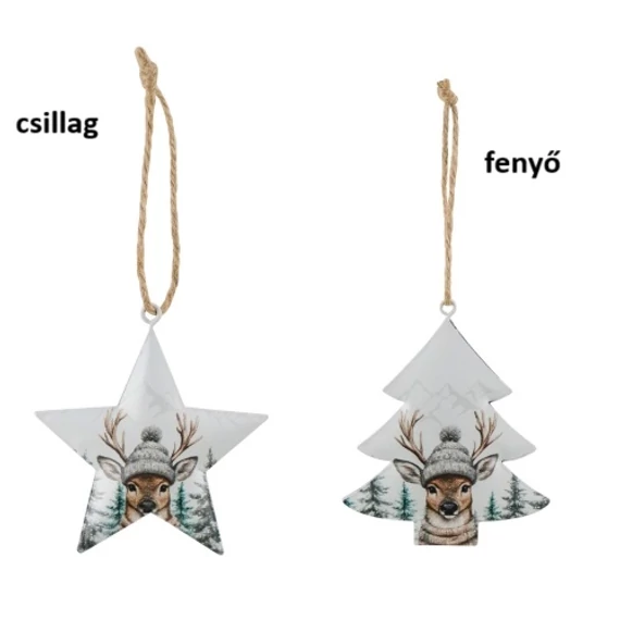 Fém függődísz fenyő/csillag, 8x0,5x9,5cm, kötöttsapkás szarvasfejjel, Geh.22501247