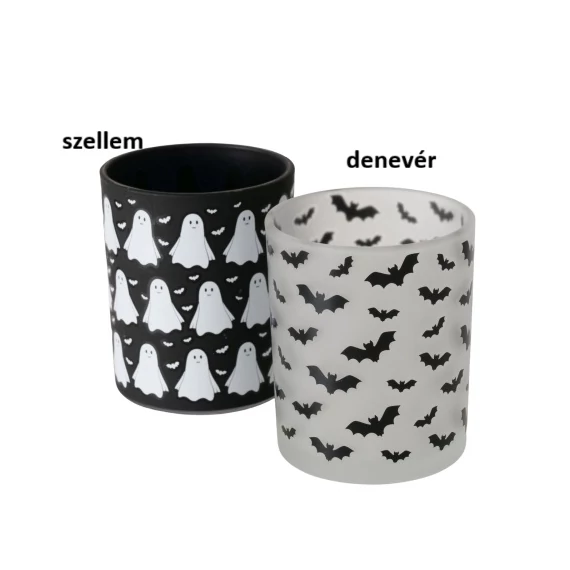 Halloween üveg mécsestartó fekete-fehér, 7x8,3cm, Ghostie, B.G.2058999