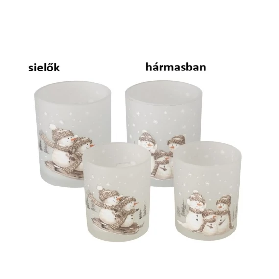 Üveg mécsestartó szett 2 db-os, 7x8,4/9x10,3cm, hóemberes, Frosty, B.G.2061003