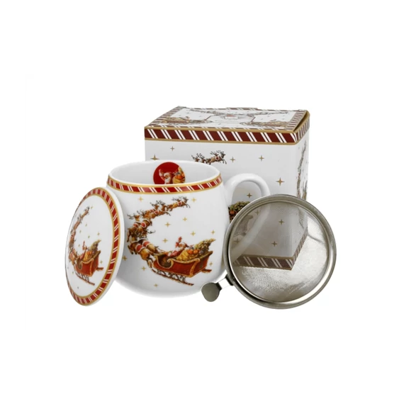Porcelánbögre tetővel, fémszűrővel, 430ml, dobozban, Santa on Sleigh, D.G.36374