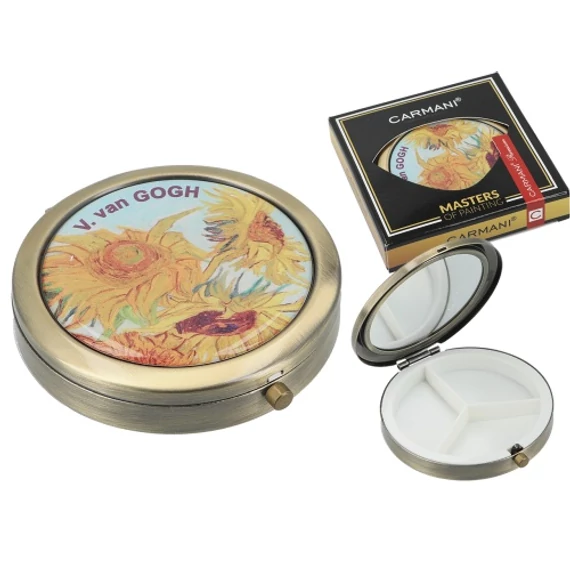 Gyógyszeres fémdoboz 3 fakkos,műanyag belsővel,tükörrel, 7x7x1,5cm,Van Gogh:Napraforgók, H.C.181-8316