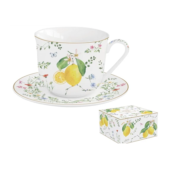 Porcelán reggelizőcsésze+alj 370ml dobozban, Fleur et Citrons, R2S.1182FCIT
