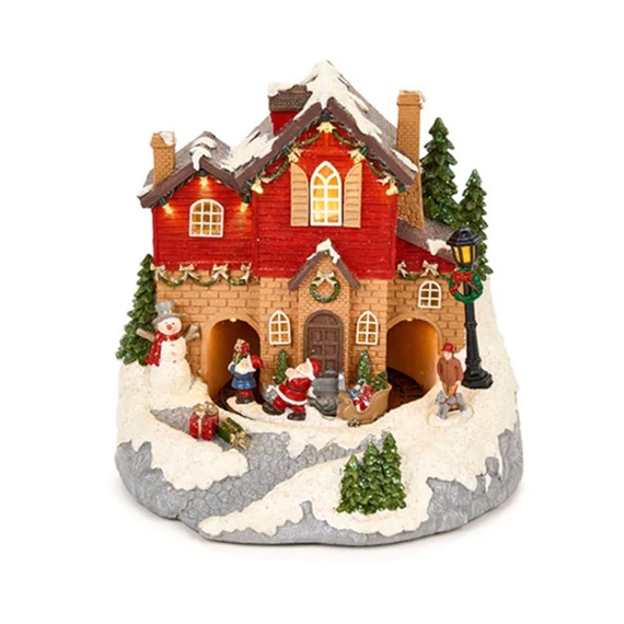 Forgó-zenélő-LED-es életkép, ház télapóval, gyerekekkel, hóemberrel, 22,5x23x22,5cm, N.S.BV240906