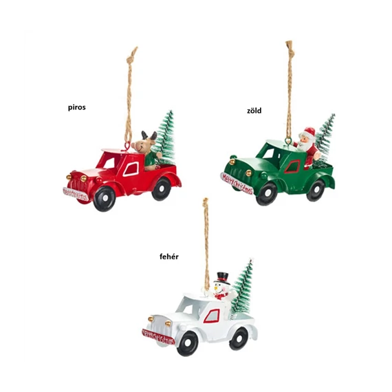 Merry Christmas autó 10x5x8cm, fém-műanyag függődísz dekorfigura, fehér, N.S.LWG251612B
