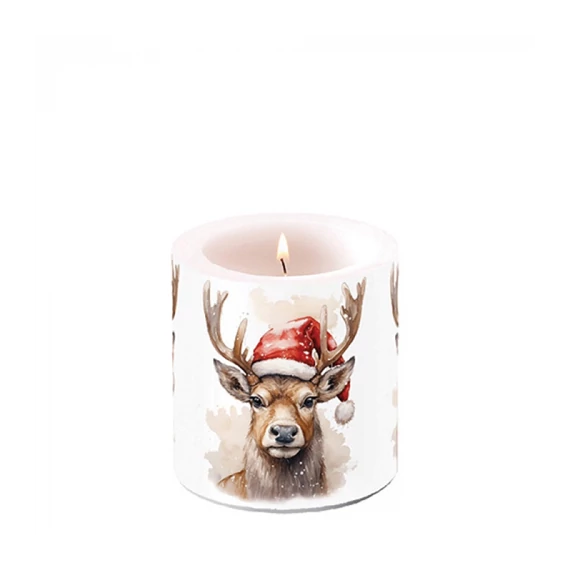 Deer with Santa hat white átvilágítós gyertya 8x7,5cm, AMB.39220280