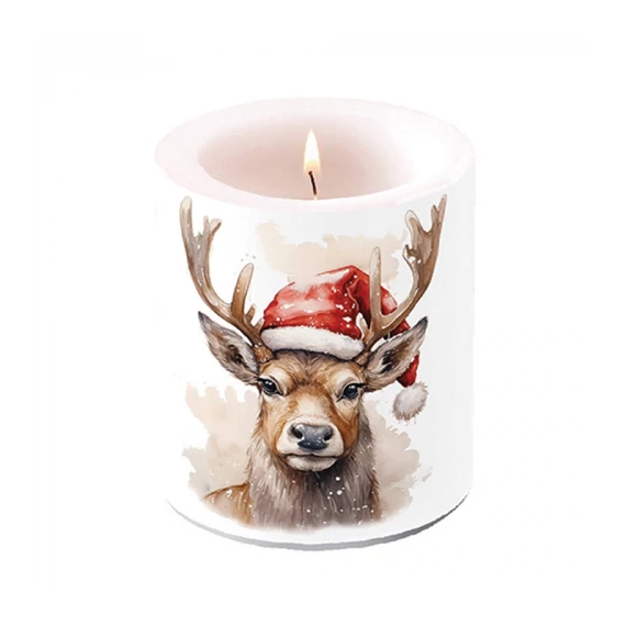 Deer with Santa hat white átvilágítós gyertya 10x10xcm, AMB.39320280