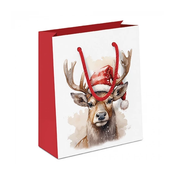Deer with Santa hat white papír ajándéktáska 22x13x25cm, AMB.31220280
