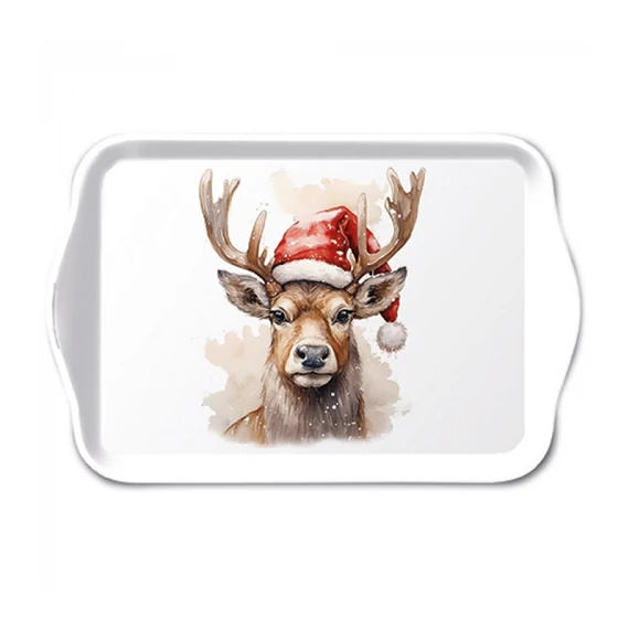 Deer with Santa hat white műanyag kistálca 13x21cm, AMB.33720280