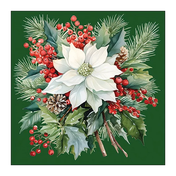 Poinsettia bouquet green papírszalvéta 33x33cm, 20db-os, AMB.33319931