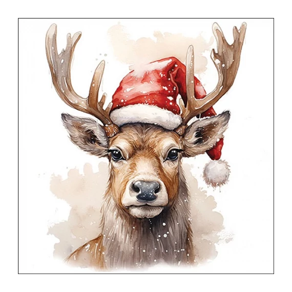 Deer with Santa hat white papírszalvéta 33x33cm, 20db-os, AMB.33320280