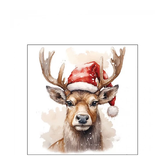 Deer with Santa hat white papírszalvéta 25x25cm, 20db-os, AMB.32520280