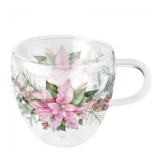 Pink poinsettia duplafalú borosilicate üvegcsésze 0,25L, AMB.34420285