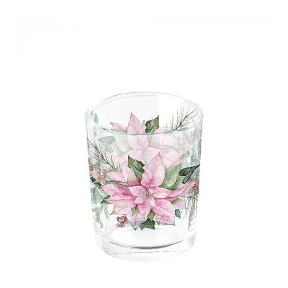 Pink poinsettia üveg mécsestartó 5,5x6cm, AMB.37320285
