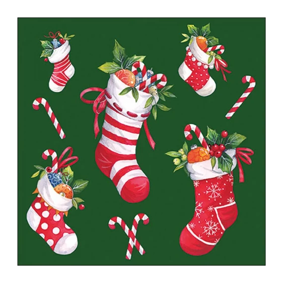 X-mas stockings green papírszalvéta 33x33cm, 20db-os, AMB.33320201