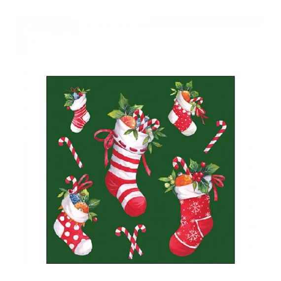 X-mas stockings green papírszalvéta 25x25cm, 20db-os, AMB.32520201