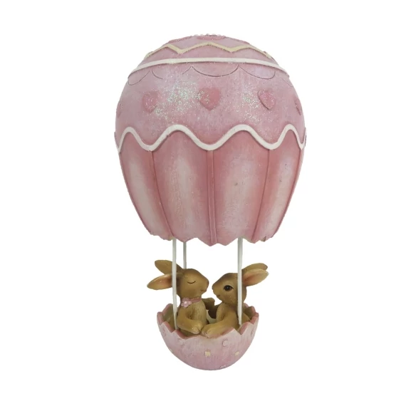 Nyuszpár rózsaszín hőlégballonban, 11x11x19cm, műanyag, CLEEF.6PR3287