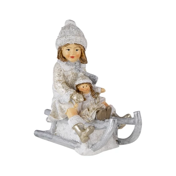 Szánkózó kislány babával 10x5x10cm,műanyag dekorfigura, CLEEF.6PR4665