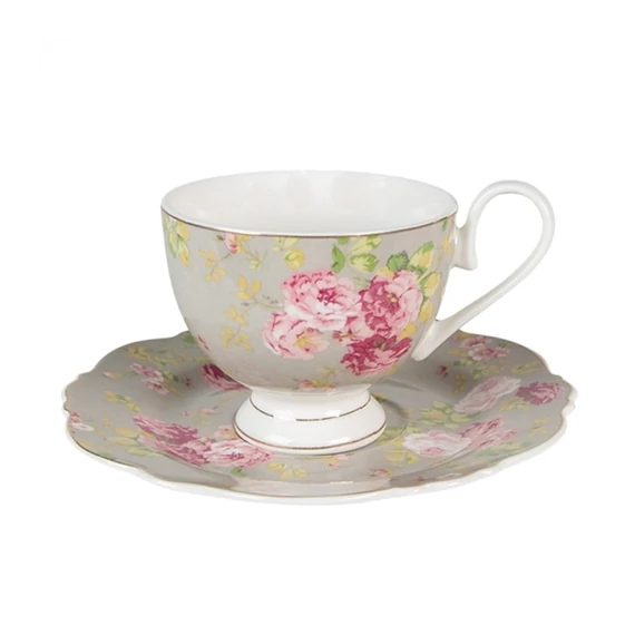 Porceláncsésze+alj 200ml, rózsaszín rózsás, CLEEF.6CE1294